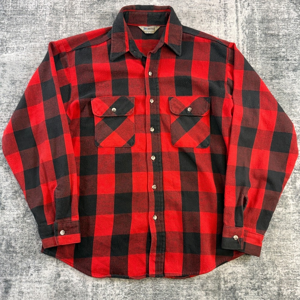VTG Five Brother Flannel Shirt Mens Large Red Buffalo Check Plaid USA Made 80s